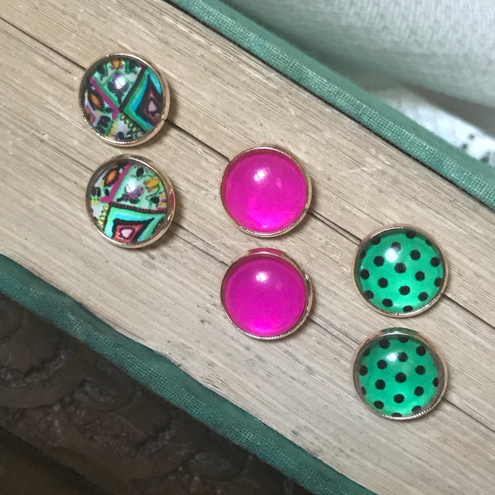 3 Pairs Glass Stud Earrings Lilly Print Rose Gold